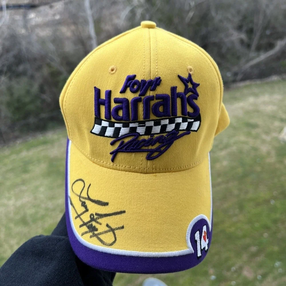 Autographed Nascar Hat Cap Purple Yellow Harrahs Racing Larry Foyt